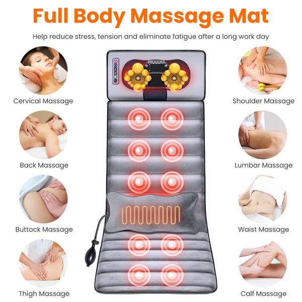 ZyraBeauty Full Body Electric Massage Mat – Heated Vibration Mat with Neck Pillow, 9 Modes, 3 Heat Levels, Timer