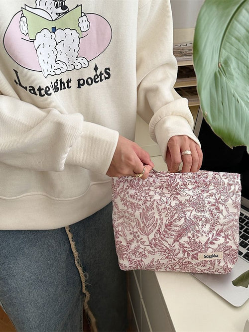 Vintage Floral Cotton Cosmetic Bag – Large Capacity Travel Organizer with Canvas Lining for Women