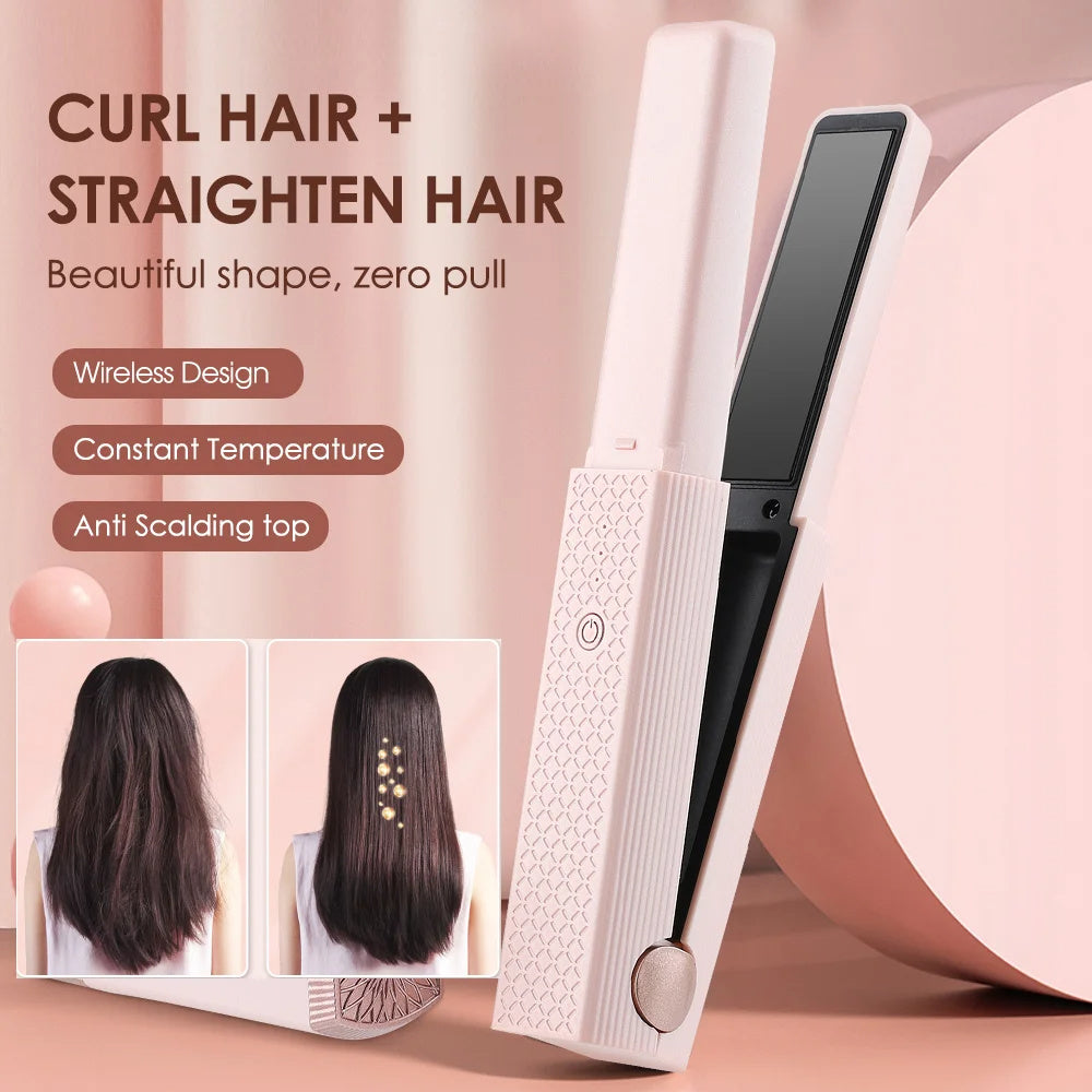ZyraBeauty Cordless USB Hair Straightener & Curler – Mini Ceramic Flat Iron with 3 Temp Settings, Fast Heating & Travel-Friendly Design