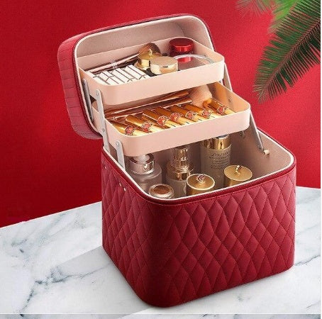 ZyraBeauty Large Capacity Korean Style Cosmetic Storage Box – PU Leather Travel Makeup Case with Multiple Compartments & Handle