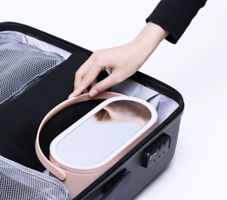 ZyraBeauty Portable LED Makeup Mirror Organizer Box – Touch Sensor Light, Rechargeable, Foldable Desk Storage Case for Travel & Home Use