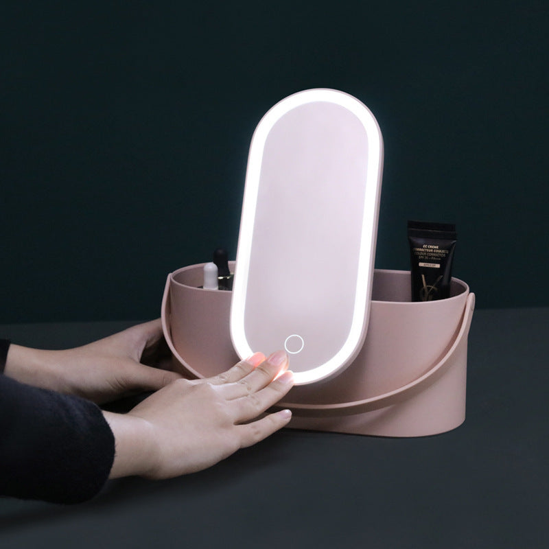 ZyraBeauty Portable LED Makeup Mirror Organizer Box – Touch Sensor Light, Rechargeable, Foldable Desk Storage Case for Travel & Home Use
