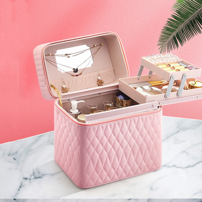 ZyraBeauty Large Capacity Korean Style Cosmetic Storage Box – PU Leather Travel Makeup Case with Multiple Compartments & Handle