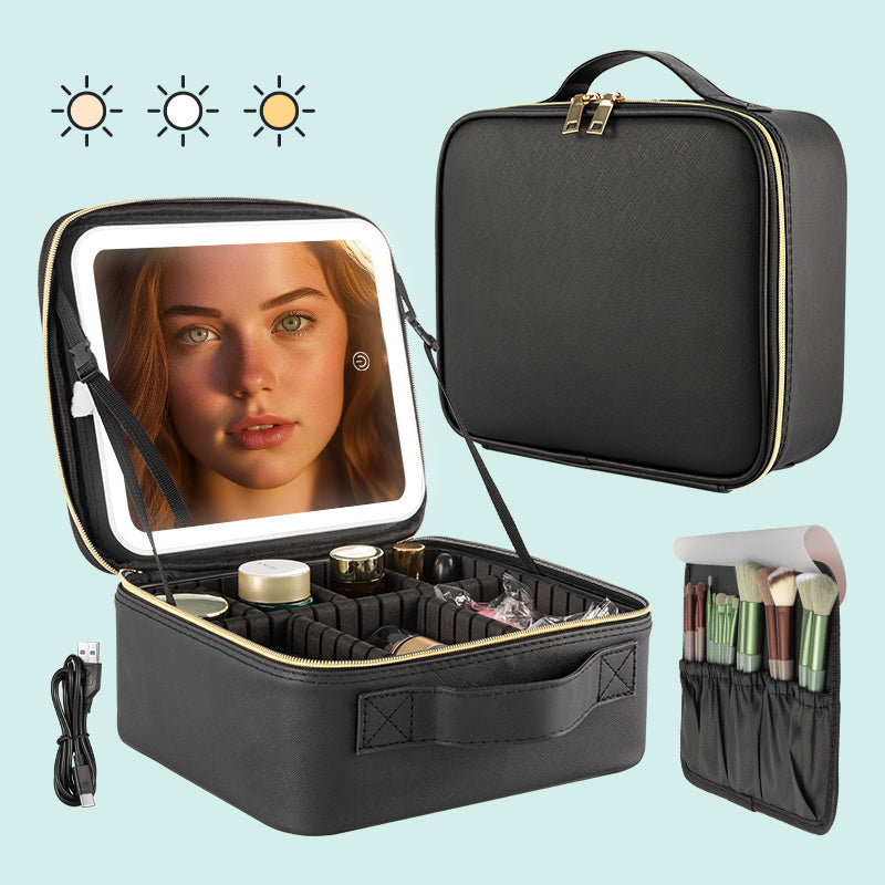 ZyraBeauty Professional Black Makeup Case with LED Light – Portable Cosmetic Storage Box with Mirror, Organizers & USB Charging