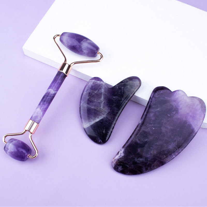 ZyraBeauty Amethyst Roller Set with Heart-Shaped Gua Sha Massager – Natural Crystal Facial Roller & Scraper for Skin Detox & Rejuvenation