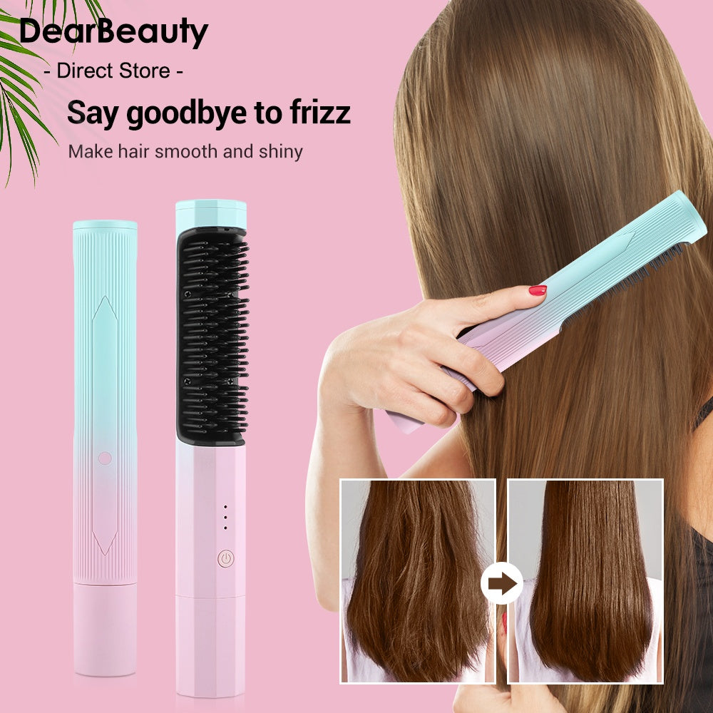 ZyraBeauty Rechargeable Wireless Hair Straightening Combo – Cordless USB Curler & Smoother Brush for Travel, 3 Temp Settings, Anti-Scald Design