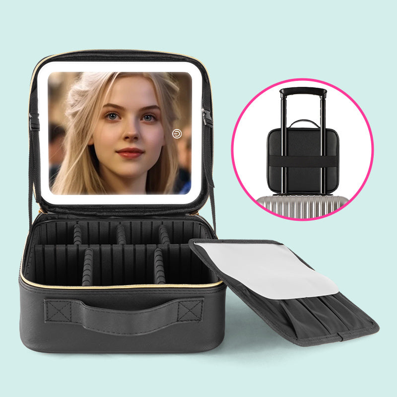 ZyraBeauty Professional Black Makeup Case with LED Light – Portable Cosmetic Storage Box with Mirror, Organizers & USB Charging
