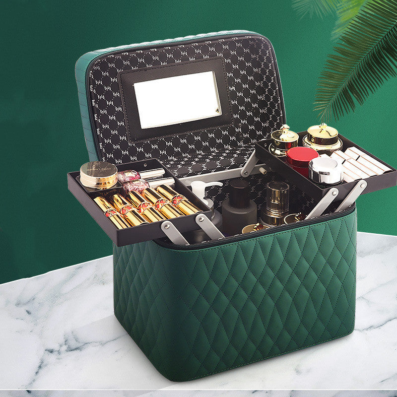 ZyraBeauty Large Capacity Korean Style Cosmetic Storage Box – PU Leather Travel Makeup Case with Multiple Compartments & Handle