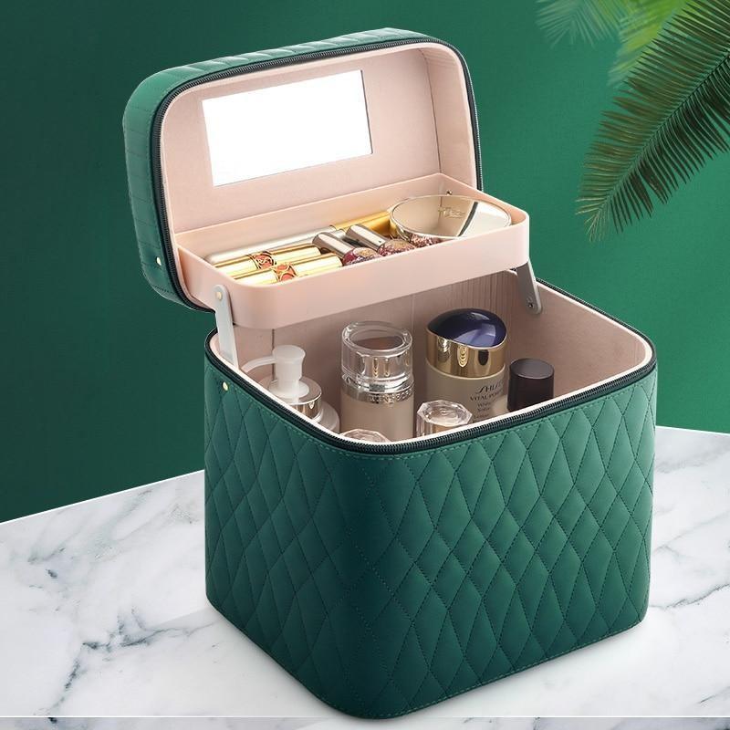 ZyraBeauty Large Capacity Korean Style Cosmetic Storage Box – PU Leather Travel Makeup Case with Multiple Compartments & Handle