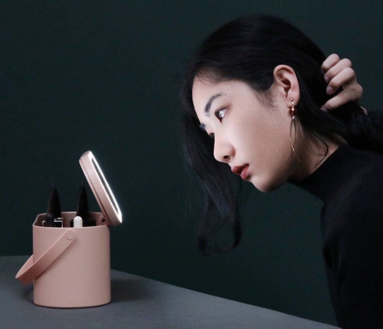 ZyraBeauty Portable LED Makeup Mirror Organizer Box – Touch Sensor Light, Rechargeable, Foldable Desk Storage Case for Travel & Home Use