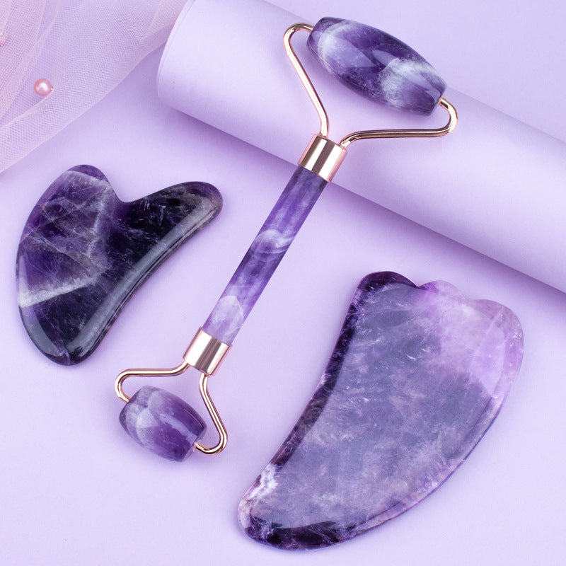 ZyraBeauty Amethyst Roller Set with Heart-Shaped Gua Sha Massager – Natural Crystal Facial Roller & Scraper for Skin Detox & Rejuvenation