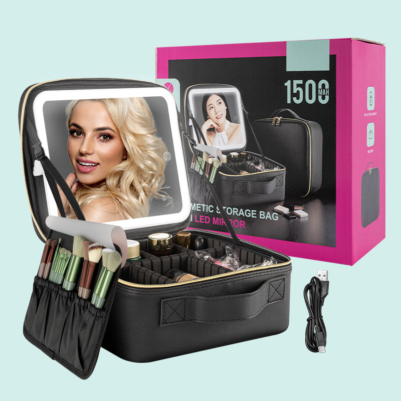 ZyraBeauty Professional Black Makeup Case with LED Light – Portable Cosmetic Storage Box with Mirror, Organizers & USB Charging