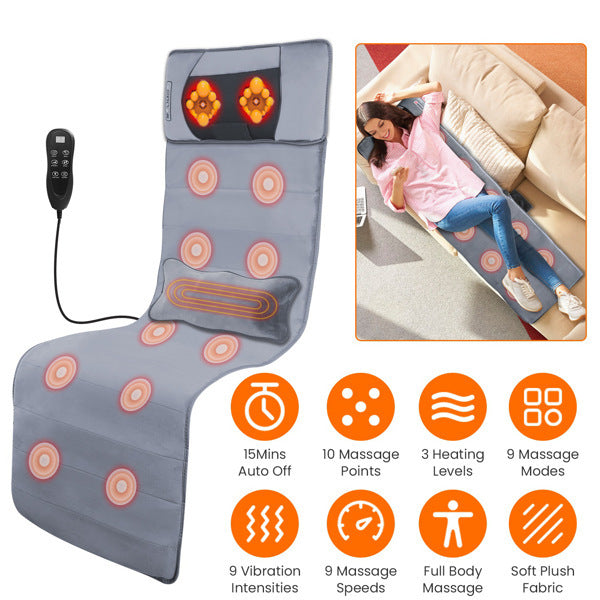 ZyraBeauty Full Body Electric Massage Mat – Heated Vibration Mat with Neck Pillow, 9 Modes, 3 Heat Levels, Timer