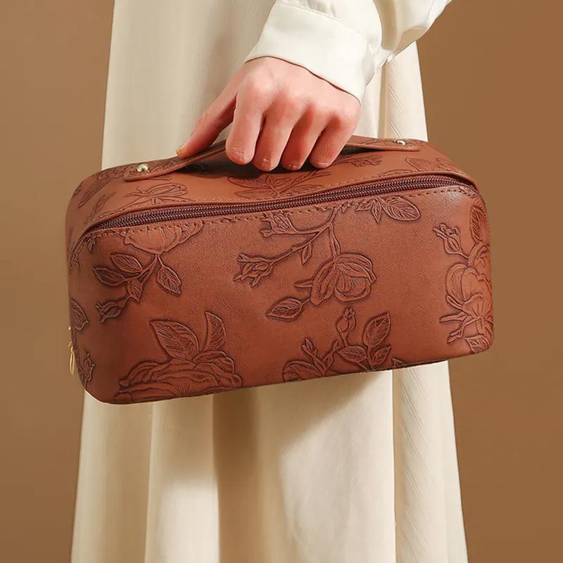 ZyraBeauty Embossed Leather Makeup Bag – Elegant PU Cosmetic Organizer Pouch for Daily Use or Wholesale Bulk Orders
