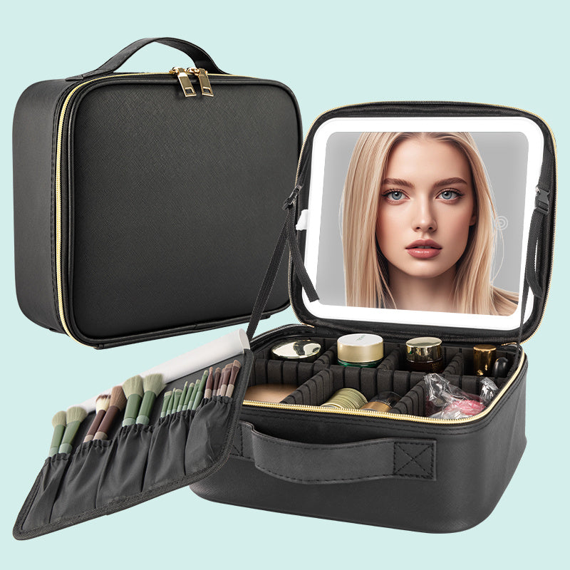 ZyraBeauty Professional Black Makeup Case with LED Light – Portable Cosmetic Storage Box with Mirror, Organizers & USB Charging