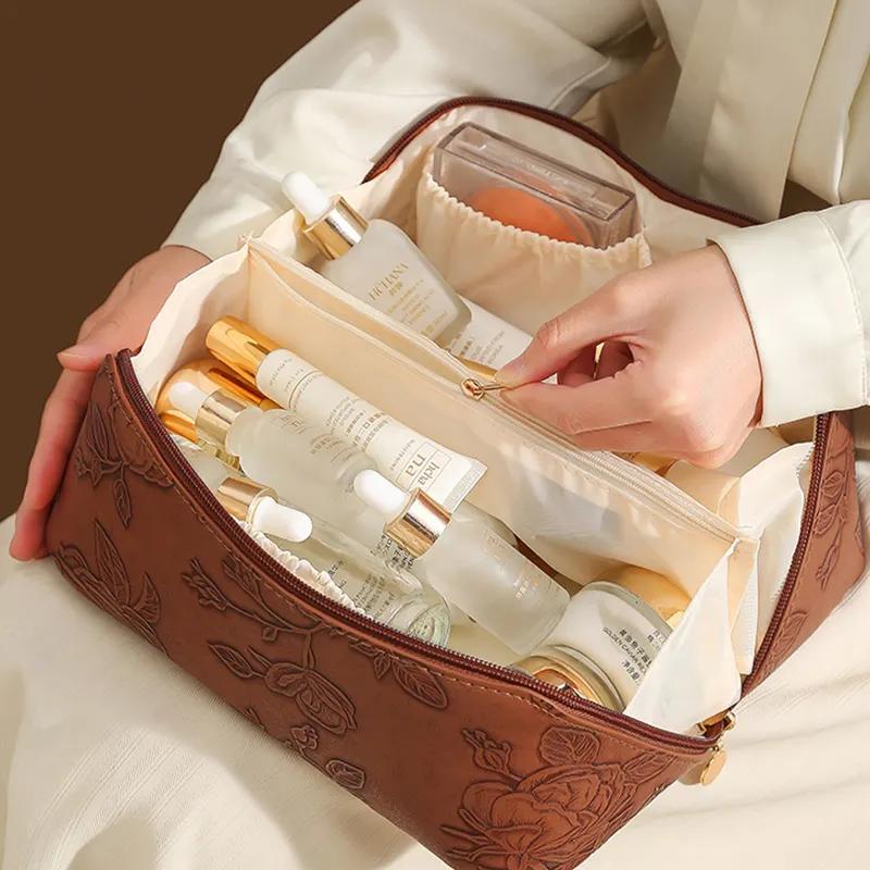 ZyraBeauty Embossed Leather Makeup Bag – Elegant PU Cosmetic Organizer Pouch for Daily Use or Wholesale Bulk Orders