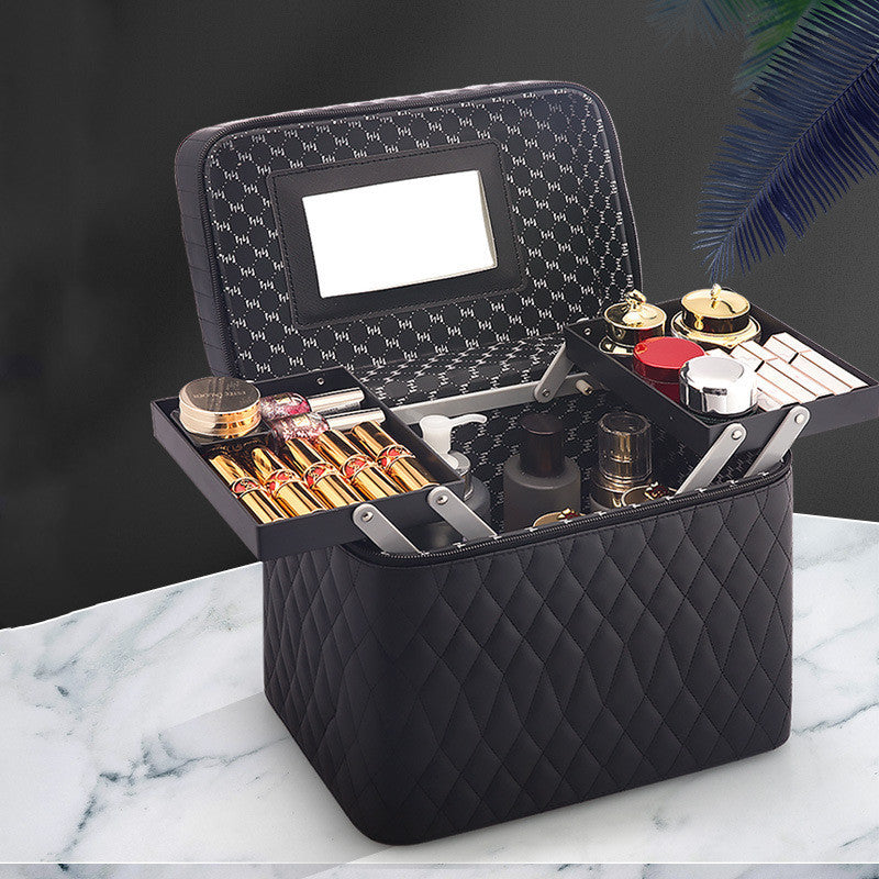 ZyraBeauty Large Capacity Korean Style Cosmetic Storage Box – PU Leather Travel Makeup Case with Multiple Compartments & Handle