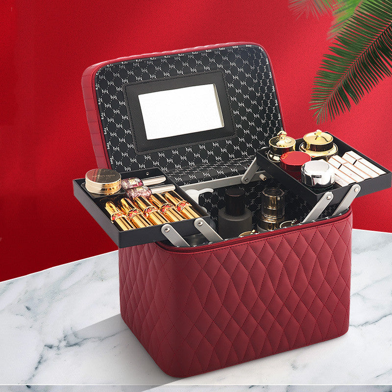 ZyraBeauty Large Capacity Korean Style Cosmetic Storage Box – PU Leather Travel Makeup Case with Multiple Compartments & Handle