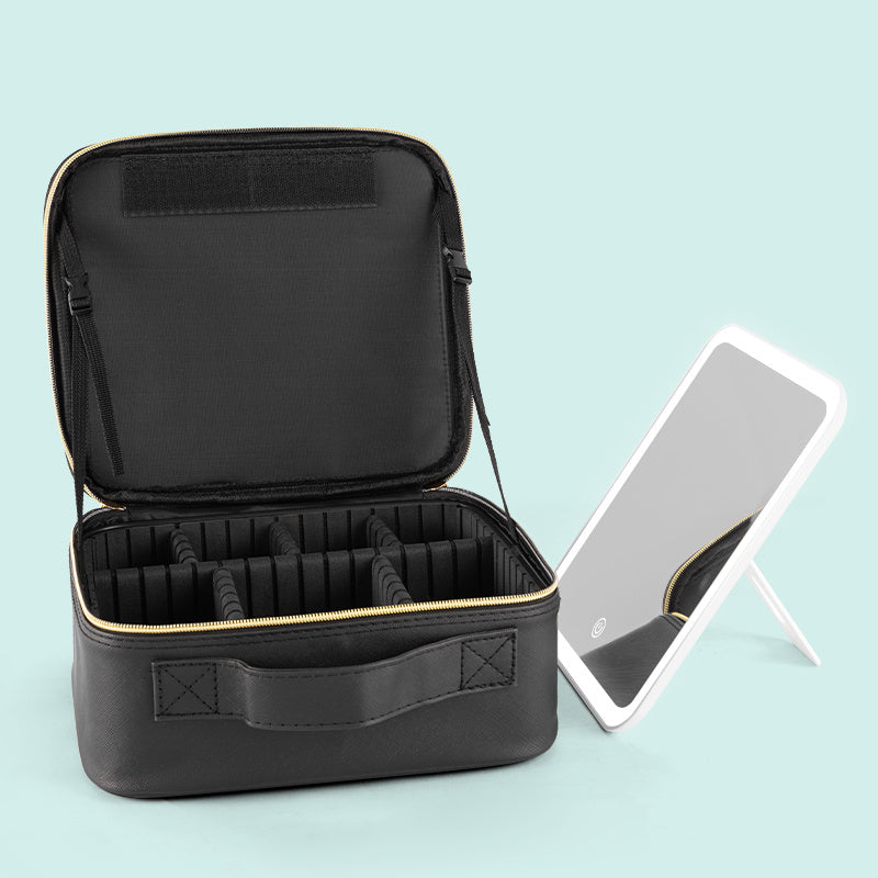 ZyraBeauty Professional Black Makeup Case with LED Light – Portable Cosmetic Storage Box with Mirror, Organizers & USB Charging
