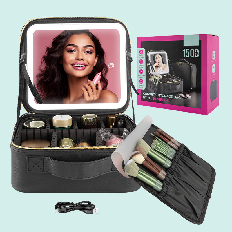 ZyraBeauty Professional Black Makeup Case with LED Light – Portable Cosmetic Storage Box with Mirror, Organizers & USB Charging