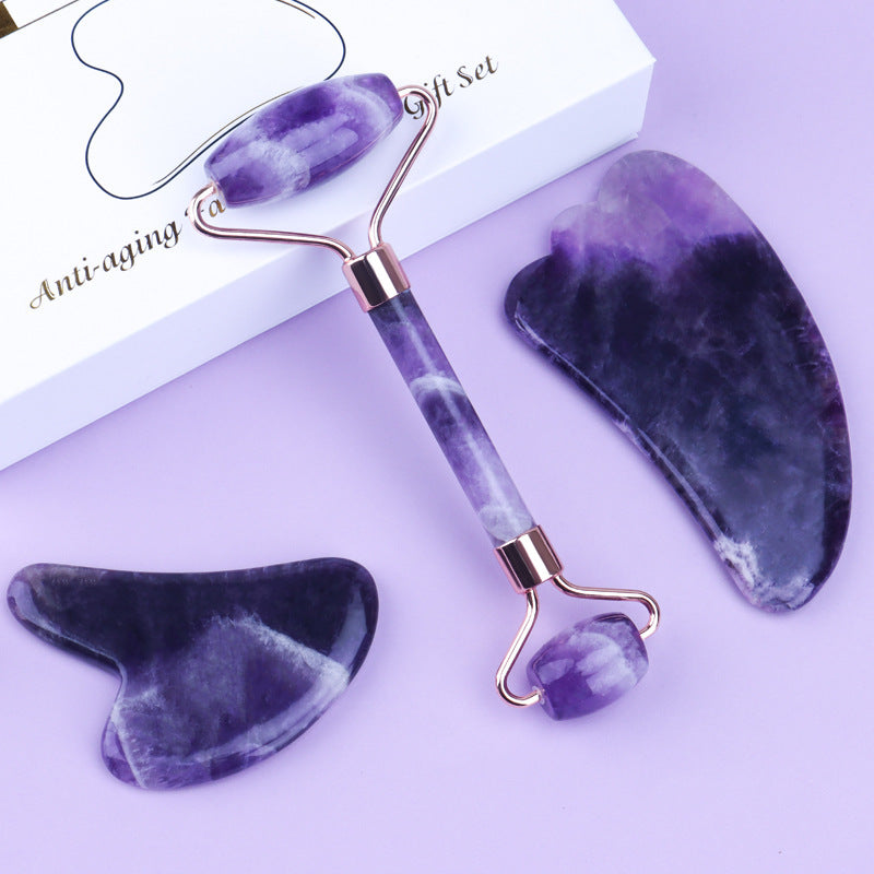 ZyraBeauty Amethyst Roller Set with Heart-Shaped Gua Sha Massager – Natural Crystal Facial Roller & Scraper for Skin Detox & Rejuvenation