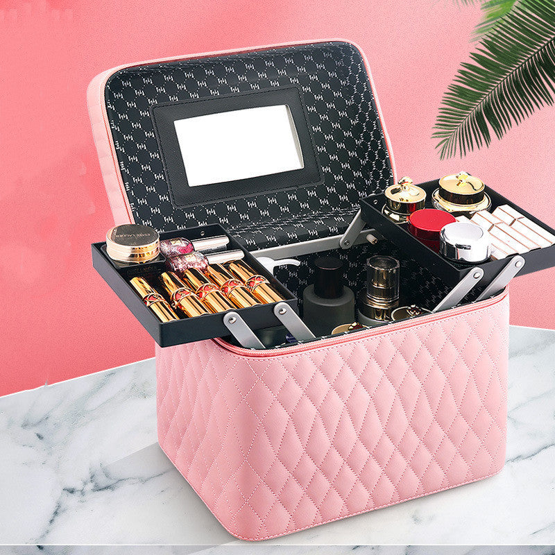 ZyraBeauty Large Capacity Korean Style Cosmetic Storage Box – PU Leather Travel Makeup Case with Multiple Compartments & Handle